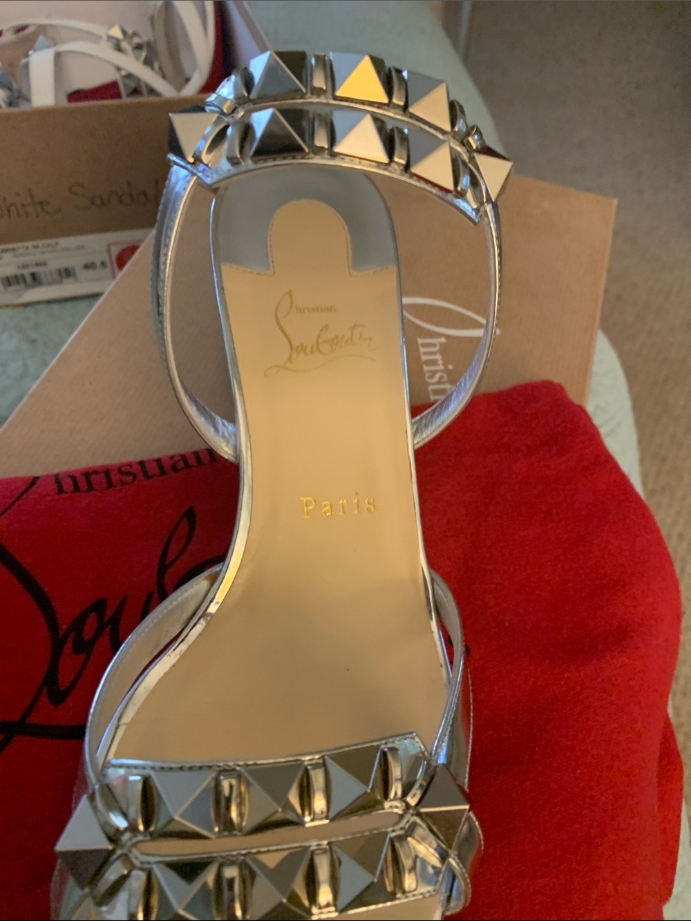 Christian Louboutin Metallic Silver Studded Block Heel Sandals - Picture 4 of 5